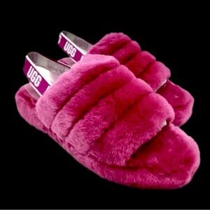 Ugg Women's Fluff Yeah US 10 Barbie Pink Logo Strap Slip On Slides Slippers